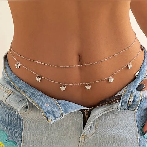 Separable Layered Waist Chain With Butterfly Shaped Charms. *Brand New. *Silver Tone. *Length: 65cm+22cm Extender. Jóias Body Chains, Vacation Accessories, Body Chains, Chain Belts, Festival Accessories, Layered Chains, Belly Chain, Waist Chain, Chain Belt