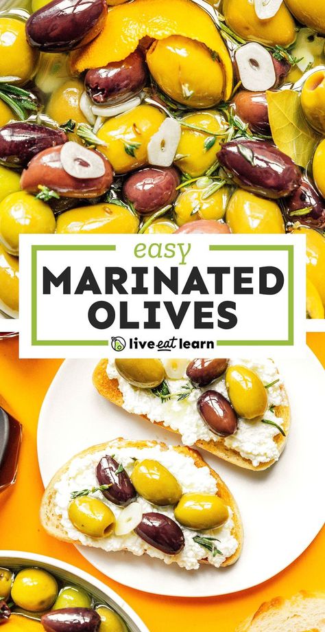 Upgrade your olives with this easy Marinated Olives recipe. It's the perfect way to add zesty Mediterranean flavor with oil, lemon, and seasonings! they're a health, vegan, gluten-free appetizer or finger food to serve at your next potluck or party! Marinated Olives Recipe, Holiday Snacks Appetizers, Olive Bar, Vegetarian Appetizer, Vegetable Appetizers, Red Wine Vinaigrette, Vegetarian Italian, Healthy Budget, Marinated Olives