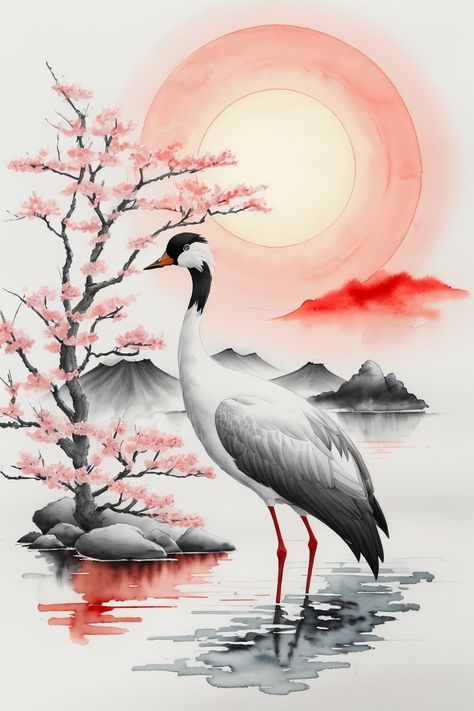 At the center of the composition stands a swish Japanese crane, a symbol of longevity, peace, and transcendence. The crane is painted with delicate, flowing brushstrokes, capturing its stylish form and problematic feathers. Its body is a pristine white, even as its wings and tail feathers are embellished with smooth sunglasses of gray and blue, giving it a experience of ethereal beauty. The crane's outstretched wings recommend a feel of freedom and enlightenment. Japanese Crane Art, Crane Painting, Crane Drawing, Japanese Bird, Japanese Crane, Chinese Landscape Painting, Watercolor Art Paintings, Japanese Zen, Scenery Paintings