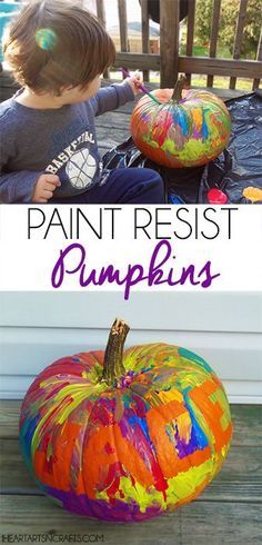 Paint Resist Pumpkins | Easy Pumpkin Decorating For Toddlers Best Way To Paint Pumpkins, Pumpkin Painting With Toddlers, Easy Toddler Pumpkin Painting, Splatter Paint Pumpkins, Painting Pumpkins With Toddlers, Kids Paint Pumpkins, Painting Pumpkins Preschool, Pumpkin Painting Preschool, Toddler Painting Pumpkins