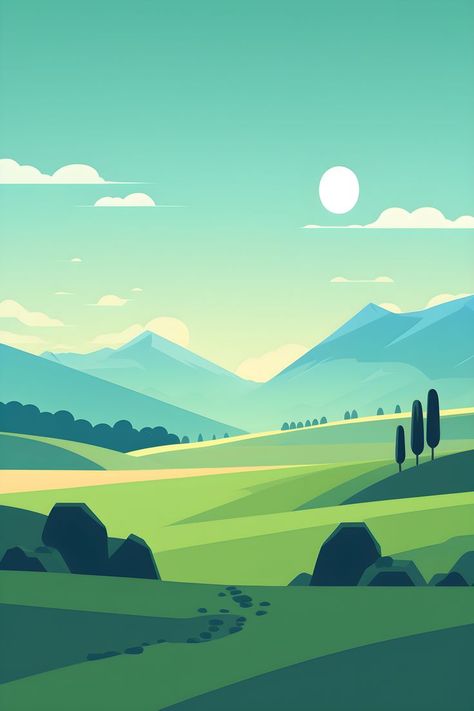 Vector Art Illustration Scenery, Scenery Vector Illustration, 2d Landscape Illustration, Flat Landscape Illustration, Mountain Vector Art, Simple Landscape Illustration, Mountains Procreate, Illustration Art Landscape, Vector Art Landscape