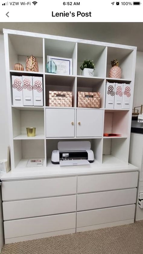 Craft Box Storage, Ikea Kallax Desk Hack, Home Office And Craft Room Combo, Office And Craft Room Combined, Cube Storage Bedroom, Office Craft Room Combo, Ikea Craft Room, Ikea Crafts, Dream Craft Room