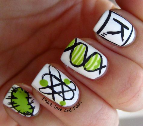 Science Nails | Peace, Love and Polish: Digit-al Dozen Does Geeks: Science Nerd! Biology Nails, Science Nails, School Nail Art, Science Symbols, Biomedical Science, Nail Art Studio, Science Geek, Nails Fun, Science Nerd