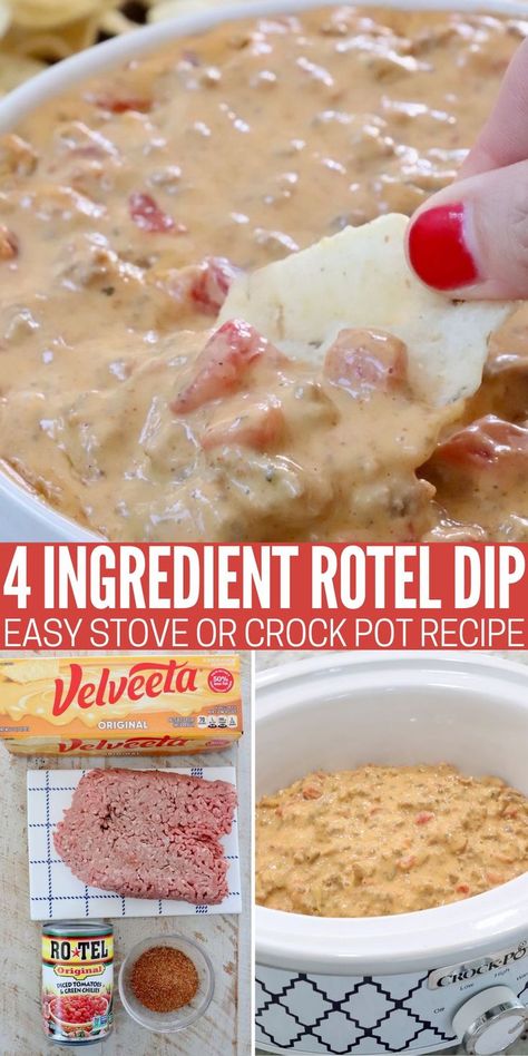 ingredients for rotel dip on and rotel dip in a bowl and in a small Crock Pot Velveeta Dip Crockpot, Rotel Cheese Dip Velveeta, New Years Dips Appetizer Recipes, Warm Dips Crockpot, Crockpot Receipts, Rotel Dip Crockpot, Easy Rotel Dip, Rotel Dip With Sausage, Hot Taco Dip