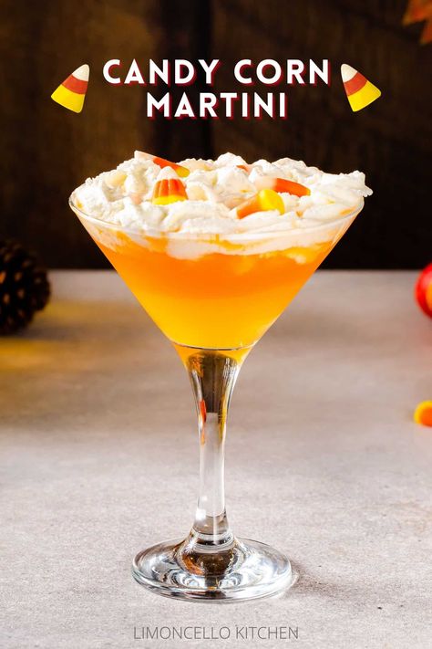 This layered Candy Corn Martini is made with candy corn-infused vodka. It's a delicious, colorful and festive cocktail for fall and Halloween! Featuring mango puree, orange juice, Cointreau and limoncello whipped cream, it tastes like a boozy orange creamsicle. Perfect for any Halloween party or harvest celebration! Candy Corn Cocktail, Candy Corn Martini, Candy Corn Bars, Halloween Cocktail Party, Raspberry Cocktail, Layered Drinks, Booze Cruise, Harvest Celebration, Pudding Shots