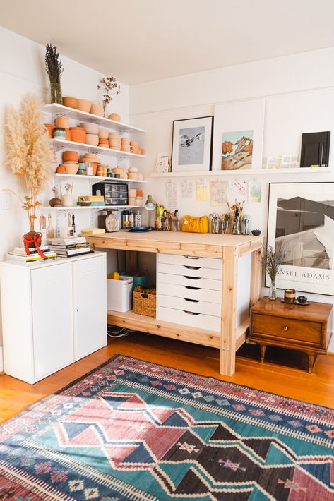 Art Studio Workbench, Art Studio Cabinets, Art Studio Desk, Pottery Illustration, Ikea Island, Mid Century Modern Side Table, Ikea Alex Drawers, Workspace Studio, Quilt Room