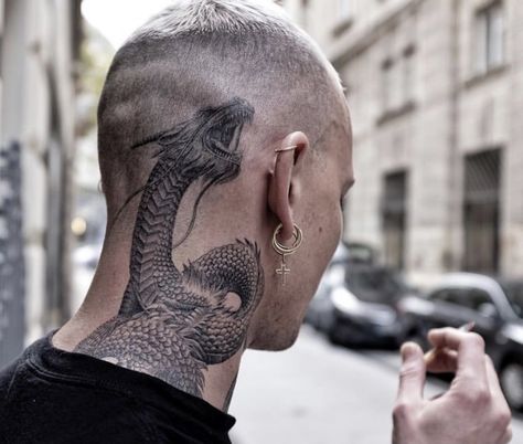 Dragon Neck Tattoo, Dragon Tattoo Neck, Bald Head Tattoo, Front Neck Tattoo, Dragon Head Tattoo, Scalp Tattoo, Dragon Tattoos For Men, Side Neck Tattoo, Animal Sleeve Tattoo