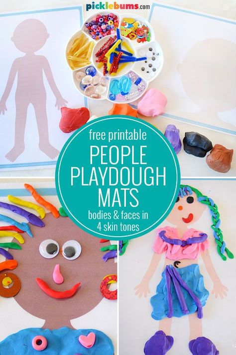 Free Printable People Play Dough Mats.  Grab some playdough and make some people with these free printable people play dough mats. There are bodies and faces in four different skin tones.   #playdough #freeprintables Play Therapy Activities, Playdoh Mats, Play Dough Mats, Dough Mats, All About Me Preschool, Playdough Activities, Playdough Mats, Fine Motor Activities, Play Dough