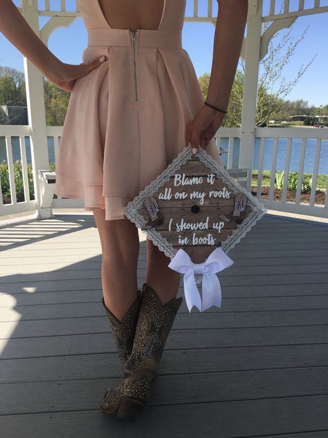 Graduation cap design. Cowboy boots, lace, and pearls. Graduation Cowboy Hat, Welding Grad Caps, Graduation Cap Designs Zach Bryan, Cowboy Graduation Cap, Cowboy Boots Graduation Pictures, Graduation Outfit Ideas Western, Lace Graduation Cap, Country Grad Cap Ideas, Grad Cap Ideas Western