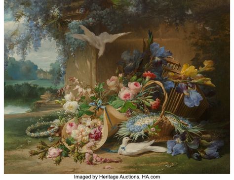 Eugène Bidau (French, 19th Century). Floral still life with doves | Lot #69053 | Heritage Auctions Eugene Bidau, Martin Johnson Heade, Martin Johnson, Oil Pastels Painting, Floral Still Life, Still Life Fruit, Colorful Bird, European Art, Country Estate