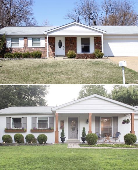 House Paint Exterior Before And After, Best Exterior Paint Colors For Ranch Style House, Exterior Paint Colors Ranch Style House, White House Trim Colors Exterior, Painting Brick Exterior Before And After, House Colors Exterior With Brick, Brick House Exterior Paint Ideas, Painted Brick House Exterior Colors, White House Green Trim