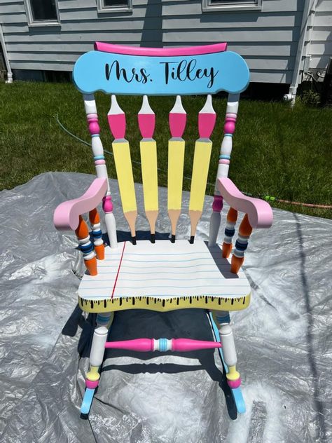 Rocking Chairs For Teachers, Painted Classroom Chair, Classroom Chair Ideas, Teacher Rocking Chair Painted, Classroom Rocking Chair, Teacher Rocking Chair, Painted Classroom, Teacher Rocking Chairs, Teacher Stool