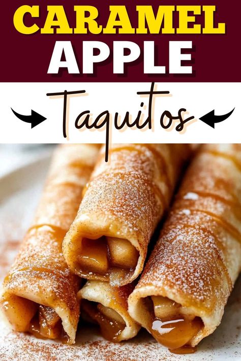 These caramel apple taquitos are the most tempting fall treat! Cinnamon-spiced apples get rolled in a crispy tortilla for a dessert no one can resist. Caramel Apple Taquitos, Tortilla Apple Dessert, Caramel Apple No Bake Dessert, Sweet Tortilla Roll Ups, Apple Burritos Recipe, Apple Taquitos Recipes, Can Apples Recipes, Apple Tacos Desserts, Apple Tortilla Dessert