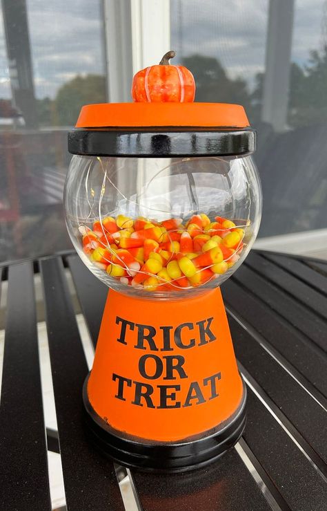 easy DIY spooky candy jar 🎃 this arts and crafts hack shows how to turn a planter into the most amazing candy jar for halloween | Brooklyn B | Brooklyn B · Original audio Diy Fall Candy Jars, Diy Halloween Candy Jar, Candy Jars Diy, Halloween Candy Jar, Diy Halloween Candy, Sellable Crafts, Spooky Candy, Bubble Gum Machine, Mexican Wedding Cookies