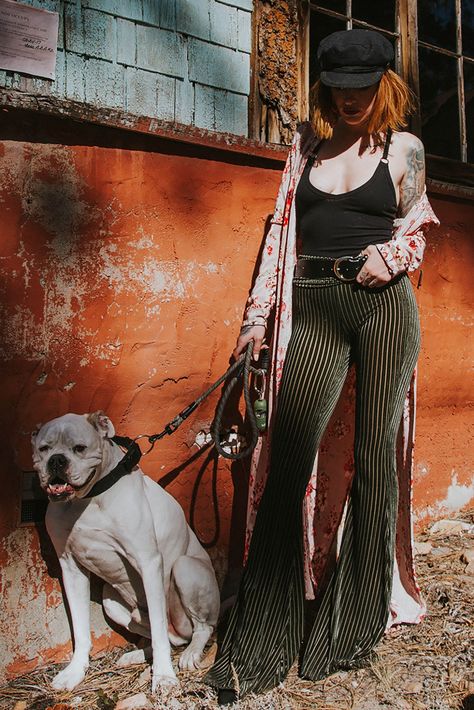 Long Velvet Jacket Outfit, Velour Bell Bottoms Outfit, Green Velvet Bell Bottoms Outfit, Floral Velvet Pants, Outfit Inspo Bell Bottoms, Dark Boho Clothes, Striped Flare Pants Outfit, Velvet Bell Bottoms Outfit, How To Style Bell Bottoms