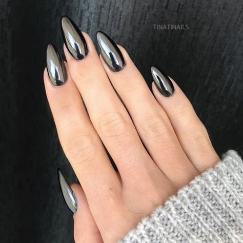 Black Chrome Nails, Chrome Nails Designs, Solid Color Nails, Stiletto Nail Art, Silver Nail, Her Nails, Black Nail Designs, Super Nails, Metallic Nails