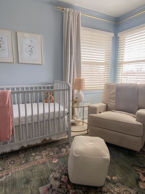 Robins Egg Blue Nursery, Blue Painted Nursery, Light Blue Floral Nursery, Nursery Ideas Light Blue, Light Blue And Yellow Nursery, Sherwin Williams Blue Nursery, Baby Blue Nursery Girl, Light Blue Girls Nursery, Light Blue Baby Girl Nursery