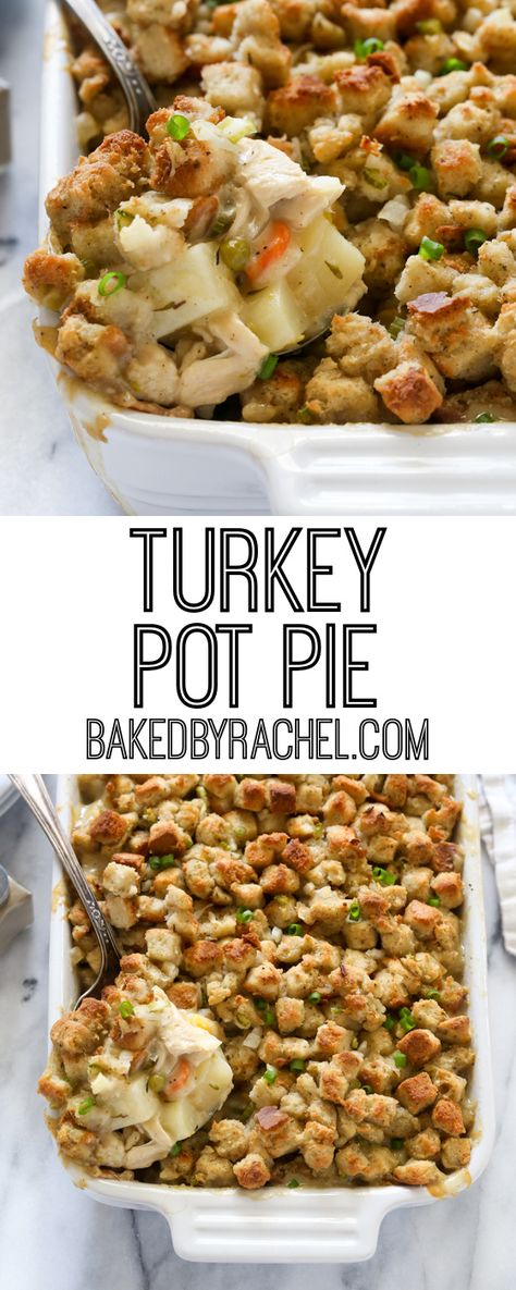 Classic cold weather comfort food with a twist! Easy homemade leftover Thanksgiving turkey pot pie with a stuffing crust recipe from @bakedbyrachel! A flavor packed must make meal! Meals From Leftover Turkey, Turkey Pot Pie With Leftovers, After Thanksgiving Turkey Recipes, Turkey Pot Pie Recipe Easy Thanksgiving Leftovers, Turkey Shepards Pie With Stuffing, Leftover Thanksgiving Recipes Casserole, Best Turkey Pot Pie Recipe, Thanksgiving Turkey Pot Pie, Leftover Turkey Pot Pie Easy