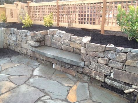 Backyard Retaining Walls, Rock Retaining Wall, Wall Bench, Zen Rock Garden, Garage Remodel, Long Bench, Sloped Garden, Cottage Garden Design, Stone Bench