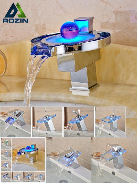 [Visit to Buy] LED RGB Colors Basin Sink Faucet Deck Mount Waterfall Brass Bathroom Vessel Sink Mixer Tap Chrome Finish #Advertisement Octopus Bathroom, Led Light Bathroom, Led Faucet, Water Power, Waterfall Bathroom, Basin Sink Bathroom, Finished Bathrooms, Waterfall Faucet, Shower Faucet Sets