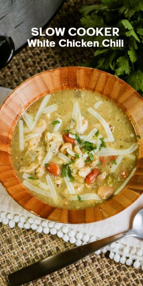 This Slow Cooker White Chicken Chili Recipe is so easy and the resulting meal is delicious! Hearty and tasty with a mild spice. #whitechicken #chilirecipe #foodanddrinkchili White Chicken Chili Slow Cooker, White Bean Chicken Chili, White Chili Chicken Recipe, Chicken Chili Recipe, Chili Recipe Easy, Slow Cooker Chili, Best Slow Cooker, Delicious Soup Recipes, Easy Slow Cooker