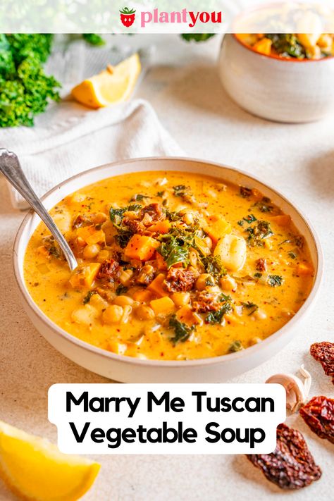 You’ve heard of marry me pasta… Now it’s time for a marry me Tuscan vegetable soup! Both of these dishes are inspired by Tuscan cuisine, viral TikTok recipes, and the notion that every delicious meal can be replicated in vegan form. It’s easy to customize this soup by adding or swapping ingredients based on what you have available. Plus, it's perfect for meal prep and feeding a large family. Enjoy! Best Vegan Soups, Low Cal Vegan Meals, Creamy Vegetarian Soup, Hidden Vegetable Soup, Vegetarian Fall Soup Recipes, Soup With Pasta Recipes, Vegetarian Noodle Soup Recipes, Marry Me Tuscan Soup, Plant You Marry Me Soup