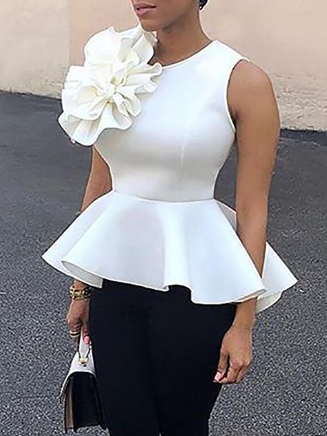 Pepulam Tops, Peplum Tops For Women, Ankara Peplum Tops, White Peplum Top, Floral Blouses, Flounce Top, Peplum Tops, Classy Dress Outfits, African Print Fashion Dresses