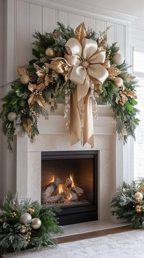 Christmas 2024 Decor Ideas, Diy Luxury Christmas Decor, Timeless Christmas Decor, Mantel Decorating Ideas Christmas, Glam Christmas Decor Ideas, Elegant Decorating Ideas, Decorate Fireplace, Christmas Fireplace Decor Ideas, Cozy Christmas Fireplace