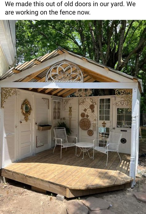 Gazebo Made From Old Doors, Garden Tree House, Garden Shed Interiors, Timber Frame Porch, Garden Room Extensions, Garden Sink, Marvel Dr, Garden Nook, Outdoor Trellis