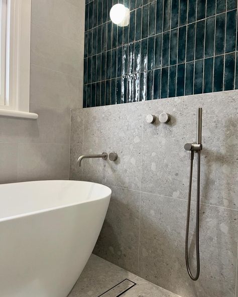 Gorgeous mixed tiles bathroom with our wall built silver tapware and bathtub for a luxe bathroom feel. Explore our Milli Pure tapware range on our website.   📷: @baseline.plumbing Silver Tapware Bathroom, Nickel Tapware, Tapware Bathroom, Mixed Tiles, Bathroom Grey, Toilet Tiles, Luxe Bathroom, Silver Bathroom, Tiles Bathroom