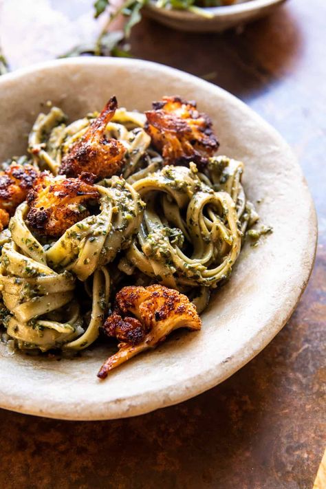 Cauliflower Pesto Pasta, Fall Pesto Pasta, Crispy Roasted Cauliflower, Creamy Pesto Pasta, Creamy Pesto, Half Baked, Good Eat, Low Carb Paleo, Think Food