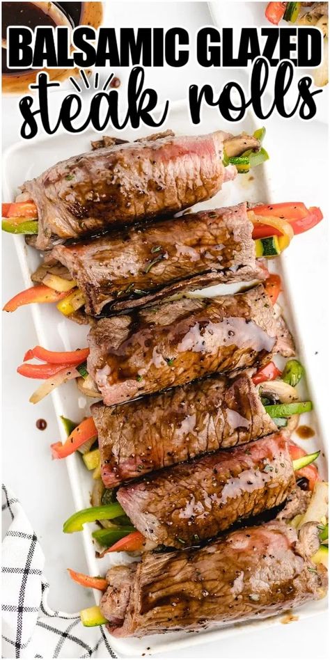 Steak Rolls Stuffed, Stuffed Steak Rolls, Sliced Steak Recipes, Balsamic Steak Rolls, Thin Steak Recipes, New York Steak Recipe, Top Round Steak Recipes, Balsamic Glazed Steak Rolls, Sliced Sirloin