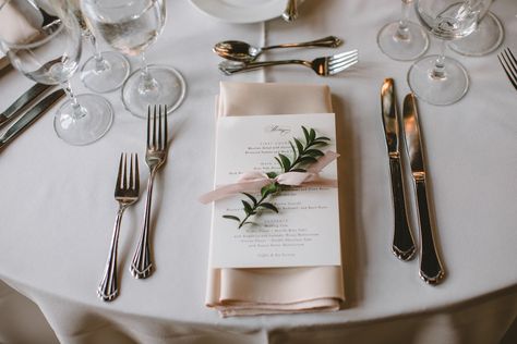 {{Place setting with taupe linen, blush napkin, menu tied with silk ribbon and boxwood spring.}} Photography by http://www.redwallphoto.com/  || Flowers by Pollen, pollenfloraldesign.com Napkins At Wedding, Platelets Table Setting, Napkin Only Place Setting Wedding, Linen Napkins Place Settings, Napkin Table Setting Wedding, Napkin Menu Place Setting, Taupe Napkins Wedding, Blush Napkins Wedding, Napkin And Menu Place Setting