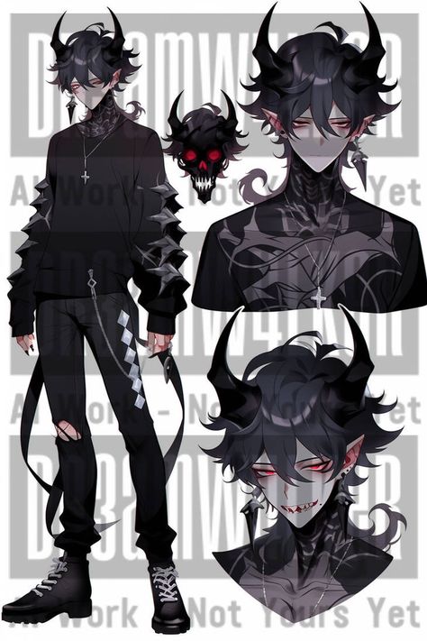 Anime Character Design References Guys, Demon Oc Drawing, Anime Villain Oc, Devil Oc Male, Demon Outfit Ideas, Demon Boy Art, Adopts Characters, Emo Character Design, Demon Oc Design