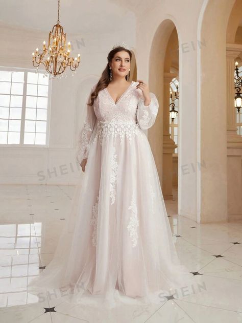 SHEIN Belle Plus Size Solid Color Embroidery Applique Mesh Tulle Ball Gown Wedding Dress | SHEIN USA Wedding Dresses With Sleeves Plus Size, Plus Size Ball Gown Wedding Dresses, Plus Size Wedding Gowns With Sleeves, Modest Plus Size Wedding Dress, Grooms Poses, Simple Plus Size Wedding Dresses, Bardot Wedding Dress, Long Sleeve Wedding Dress Vintage, Plus Size Wedding Dresses With Sleeves