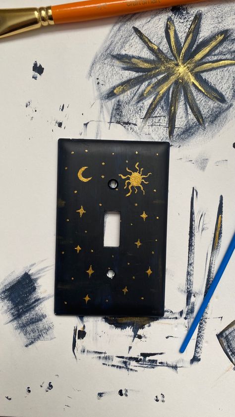 Painting On Light Switch, Moon And Stars Room Aesthetic, Drawing On Lampshade, Light Switch Art Diy, Diy Light Switch Cover Ideas Paint, Painting Ideas On Light Switch, Light Switch Cover Painting Ideas, Painted Outlet Covers Diy, Hand Painted Light Switch Covers