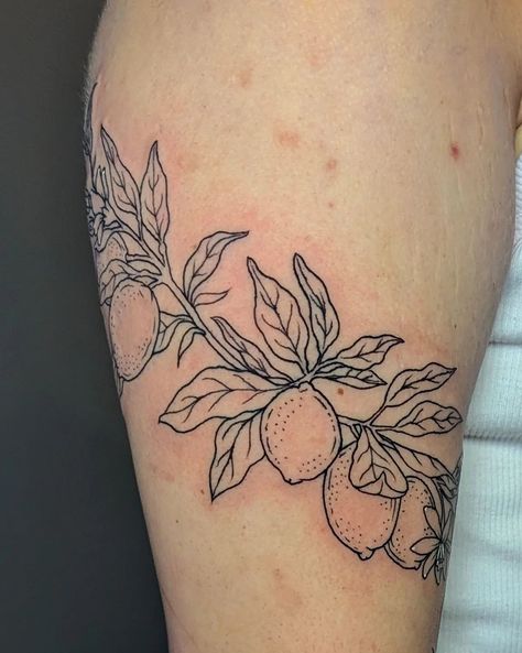 Sweet lil illustrative lemon branch for Hailey! Thank you so much 🍋 Plant Tattoo Leg, Lemon Branch Tattoo, Tattoo Goat, Lemon Tattoo, Lemon Branch, Lemon Plant, Branch Tattoo, Cool Arm Tattoos, Plant Tattoo