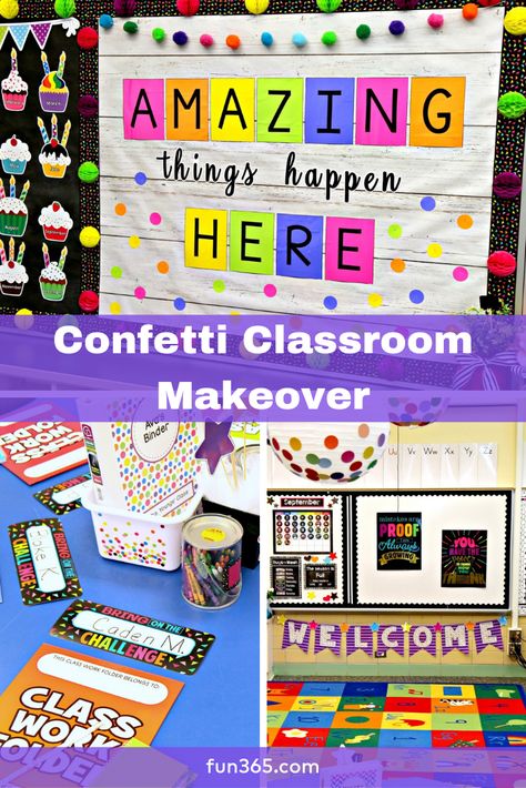 Give your classroom a confetti themed makeover! This classroom theme will excite students and give them a fun atmosphere to learn in. Check out our bright and colorful products that fulfill this theme. Neon Classroom Theme Bright Colors, Sparkle And Shine Classroom Theme, Confetti Bulletin Board Ideas, Bold And Bright Classroom Theme, Neon Theme Classroom, Confetti Classroom Decor, Confetti Classroom Theme Ideas, Bright Classroom Themes, Confetti Themed Classroom