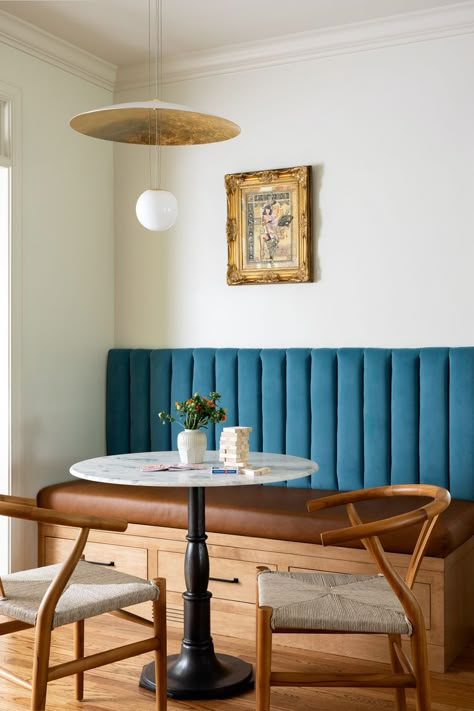 15 Banquette Seating Ideas to Maximize Space in Your Kitchen or Dining Area Banquette With Sconces, Mid Century Booth Seating, Diy Upholstered Dining Bench, Channeled Banquette, Kitchen Booth Seating Breakfast Nooks, Dinning Nook, Breakfast Nook Banquette, Custom Banquette Seating, Tufted Banquette