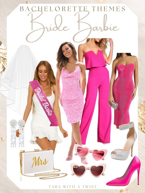 Barbie Bride Outfit, Barbie Bride Bachelorette Outfit, Barbie Themed Bachelorette Party Outfits, Pink Bride Bachelorette, Bride Outfits For Bachelorette, Bachelorette Party Barbie Theme, Bridal Barbie Bachelorette, Bride Barbie Bachelorette, Barbie Bachelorette Party Outfit