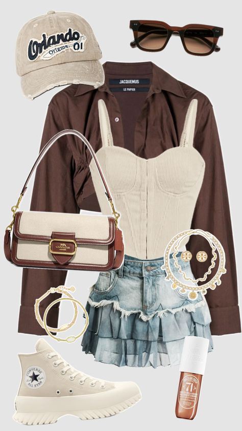 Outfit Inspo! #outfitinspo #outfit #outfitideas #y2k #preppy #preppyaesthetic #school #cutefit #comfy #fashion #summer #fitinspo #aesthetic #aestheticgirl #brown #beige #beigeaesthetic #trendy #fyp Beige Y2k Outfit, Comfy Fashion Summer, Brown Clothes Aesthetic, Brown And White Outfit, Beige Aesthetic Outfit, Tan Outfits, Fancy Casual Outfits, Tan Outfit, Academia Aesthetic Outfit