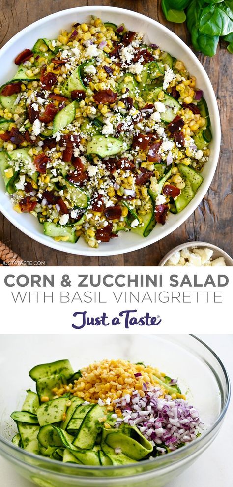 Summer’s freshest produce stars in a quick-fix recipe for Corn and Zucchini Salad with Basil Vinaigrette featuring raw zucchini ribbons, sweet corn, crispy bacon and crumbled Cotija cheese. #justatasterecipes Zucchini Salad Recipes Raw, Raw Zucchini Recipes, Zucchini And Corn Recipes, Zucchini Corn Salad, Corn And Zucchini Salad, Raw Zucchini Salad, Zucchini Ribbon Salad, Raw Vegetable Salad, Summer Entertaining Recipes