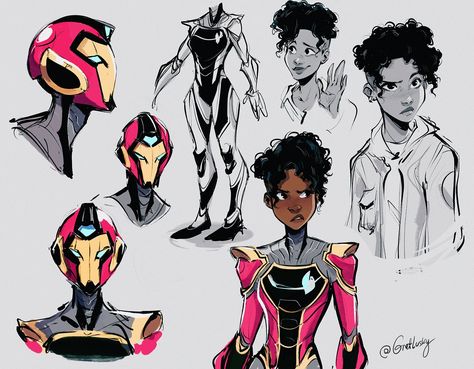 “Some rough Ironheart studies I did before getting into interiors for Marvel action: Chillers. I was quite intimidated by all the details in her armor at the beginning but now I enjoy drawing it a lot!💖 #RiriWilliams” Iron Heart Marvel, Riri Williams, Marvel Character Design, Avengers Comics, Black Cartoon Characters, Superhero Characters, Black Cartoon, Superhero Design, Superhero Art