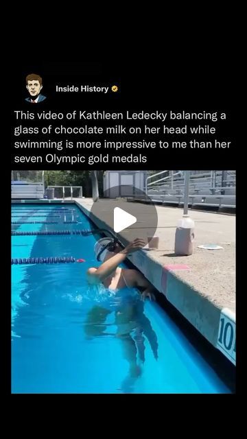 Inside History on Instagram: "This video of Katie Ledecky balancing a glass of chocolate milk on her head WHILE SWIMMING will always be impressive 🏊‍♀️🥛

She kept that glass steady and swam 50 meters — from one end of the pool to the other — without spilling a drop. When she reached the wall, she punctuated the achievement by retrieving the milk and taking a big gulp.

The Team USA swimmer explained a motivating factor for successfully reaching the other side without spilling any milk or getting any pool water; being able to enjoy the sweet treat.

Like our content? Follow 👉🏼 @insidehistory 

(Via: @katieledecky)" Swimming Competition, Katie Ledecky, Olympic Gold Medals, Pool Water, Team Usa, Sweet Treat, The Pool, The Other Side, The Sweet