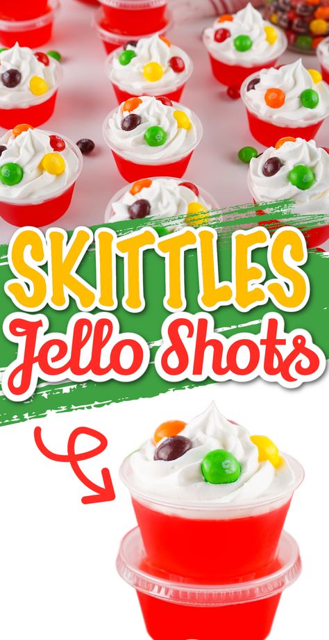 Skittles Jello Shots - Oh My Creative Pucker Jello Shots Recipes, Liquid Skittles Mixed Drink, Shirley Temple Jello Shots, Kids Jello Ideas, Wild Berry Skittles Jello Shots, Dirty Shirley Jello Shots, Pop Rocks Jello Shots, Kids Jello Shots, Skittles Jello Shots