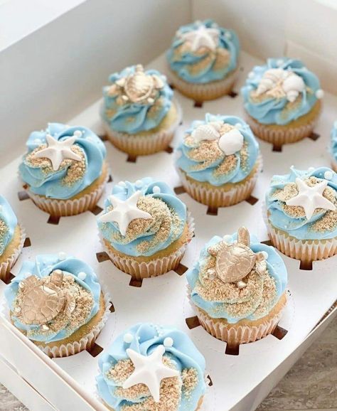 Beach Theme Wedding Cakes And Cupcakes, Beach Theme Cupcakes Wedding, Beach Wedding Cake And Cupcakes, Beachy Cupcake Ideas, Aesthetic Beach Themed Party, Under The Sea Cheese Board, Ocean Theme Wedding Cake, Beach Inspired Birthday Party, Beach Bridal Shower Cake