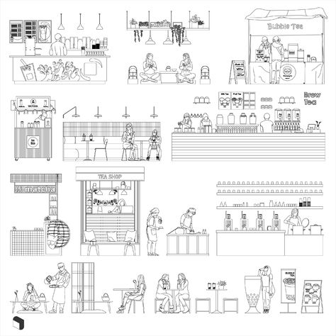 Cad Boba & Matcha Bar People DWG | Toffu Co Boba Matcha, Bar Architecture, Matcha Bar, Section Drawing Architecture, Bar Section, Workshop Furniture, Matcha Bars, Cad Blocks Free, Floating Restaurant