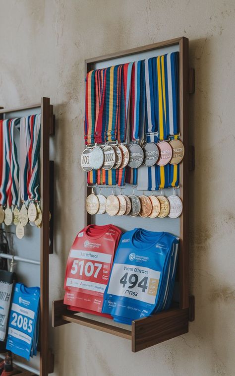 An elegant display setup featuring race bibs and medals in a stylish frame on a modern wall. Running Medal Display Ideas, Medal Design Ideas, Medal Display Ideas, Race Bib Holder, Race Medal Displays, Sports Medal Display, Sport Medal, Running Medal Display, Medal Hanger Display