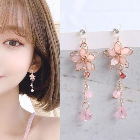 Size:4.8*1.7 cmMaterial:Acrylic Sakura Earrings, Mode Rose, Flowers Earrings, Magical Jewelry, Pink Prom, Kawaii Accessories, Cute Accessories, Fancy Jewelry, Cat Earrings