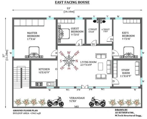 53 x37 East facing 3bhk house design cad drawing file free.  #houseplan #cadbull #architecture #autocad #caddrawing #eastfacing #residential #3bhk #outerstaircase #verandah 3bhk House Design, North Facing House Plan, North Facing House, Drawing Block, Vastu Shastra, Home Design Plan, Residential House, Artist House, Autocad Drawing